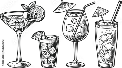 Flat vector drink is sitting in glass with ice, citrus slices, garnishes on transparent background. a detailed vintage-style vector illustration of assorted cocktail and drink glasses. 