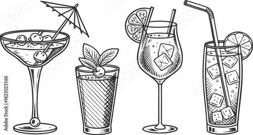 Flat vector drink is sitting in glass with ice, citrus slices, garnishes on transparent background. a detailed vintage-style vector illustration of assorted cocktail and drink glasses. 