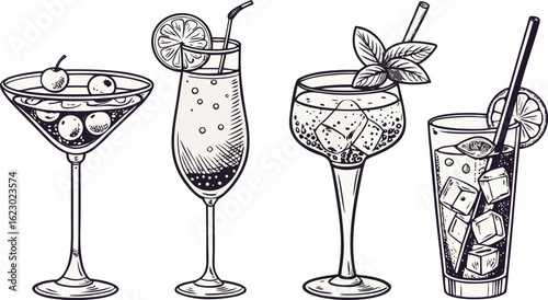 Flat vector drink is sitting in glass with ice, citrus slices, garnishes on transparent background. a detailed vintage-style vector illustration of assorted cocktail and drink glasses. 