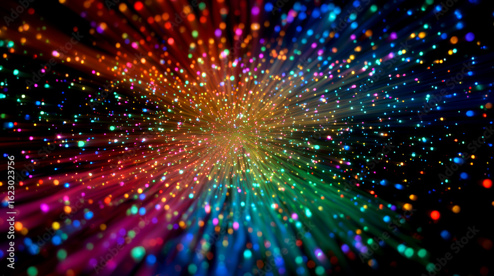 Naklejka premium カラフル粒子が虹色に広がる放射エフェクト背景