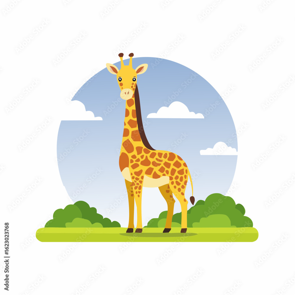 Fototapeta premium Cartoon Giraffe Standing Tall in a Serene Landscape: A Whimsical Illustration