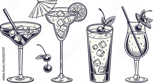 Flat vector drink is sitting in glass with ice, citrus slices, garnishes on transparent background. a detailed vintage-style vector illustration of assorted cocktail and drink glasses. 