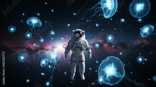 A lone astronaut drifts through the vast expanse of space, surrounded by ethereal glowing jellyfish and distant galaxies.