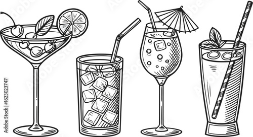 Flat vector drink is sitting in glass with ice, citrus slices, garnishes on transparent background. a detailed vintage-style vector illustration of assorted cocktail and drink glasses. 
