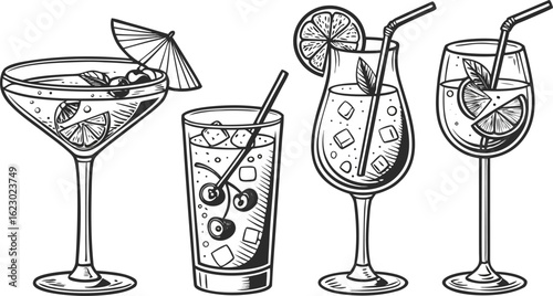 Flat vector drink is sitting in glass with ice, citrus slices, garnishes on transparent background. a detailed vintage-style vector illustration of assorted cocktail and drink glasses. 