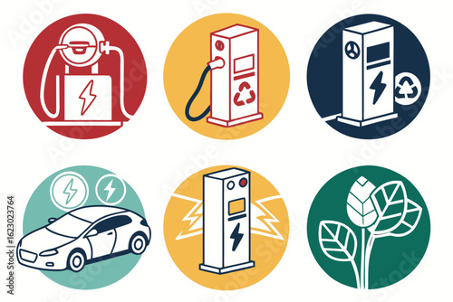 Electric car charging station icons with eco friendly symbol and plant