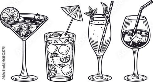 Flat vector drink is sitting in glass with ice, citrus slices, garnishes on transparent background. a detailed vintage-style vector illustration of assorted cocktail and drink glasses. 