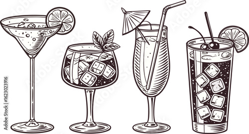 Flat vector drink is sitting in glass with ice, citrus slices, garnishes on transparent background. a detailed vintage-style vector illustration of assorted cocktail and drink glasses. 