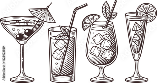 Flat vector drink is sitting in glass with ice, citrus slices, garnishes on transparent background. a detailed vintage-style vector illustration of assorted cocktail and drink glasses. 