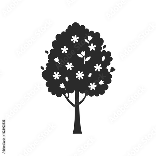 Silhouette of a blossoming tree with flowers isolated on white background
