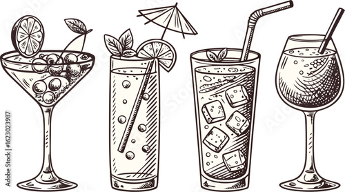 Flat vector drink is sitting in glass with ice, citrus slices, garnishes on transparent background. a detailed vintage-style vector illustration of assorted cocktail and drink glasses. 