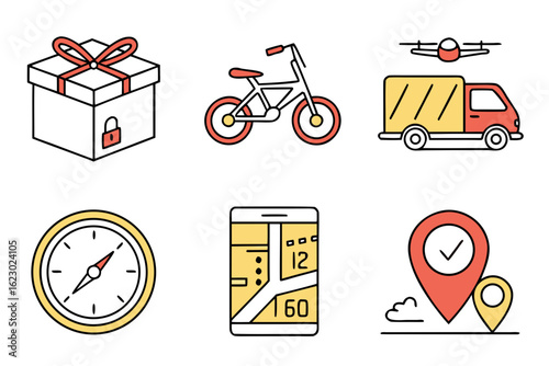 Set of icons representing delivery, transport, and navigation services