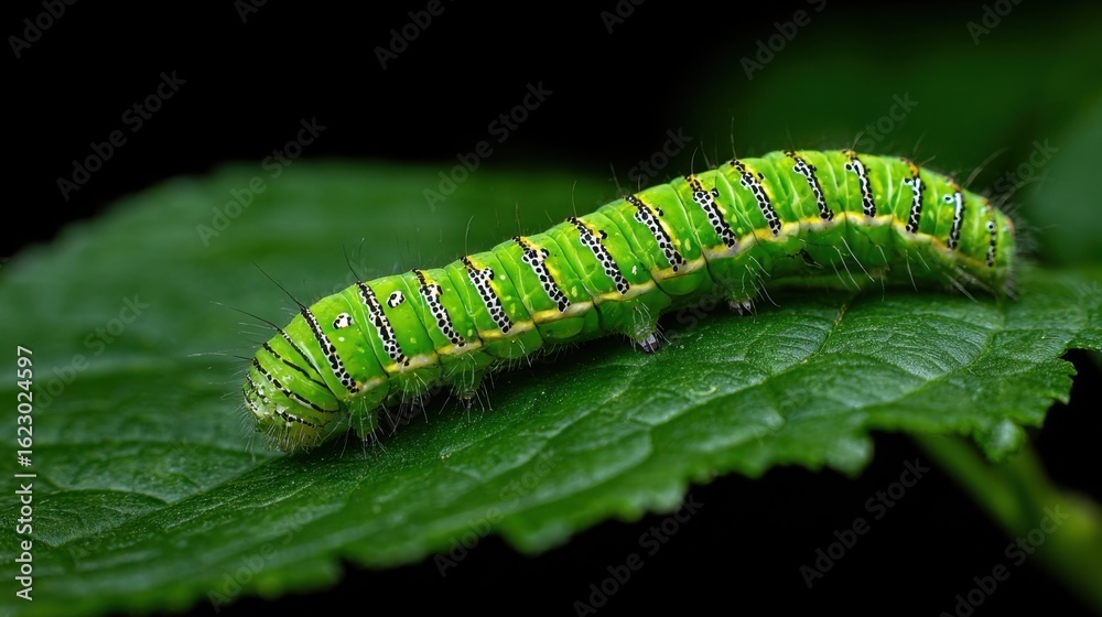 Fototapeta premium Vibrant Green Caterpillar Crawling on Leaf in Natural Habitat