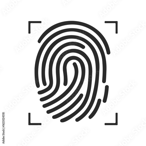 Black and white fingerprint icon with framing corners on white background