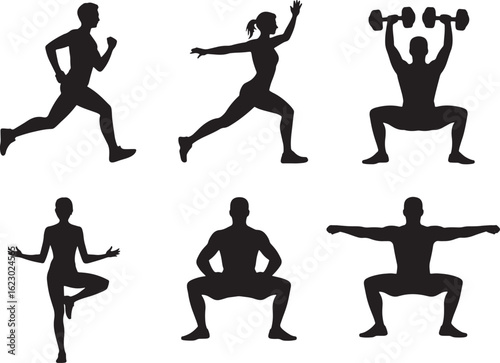 Fitness Silhouette Vector Set with Running, Stretching, Squats, Yoga, and Exercise Poses