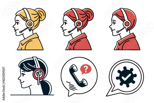 Customer service operators with headsets, illustration