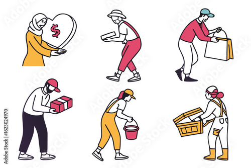 People giving and working in various professions isolated on white background