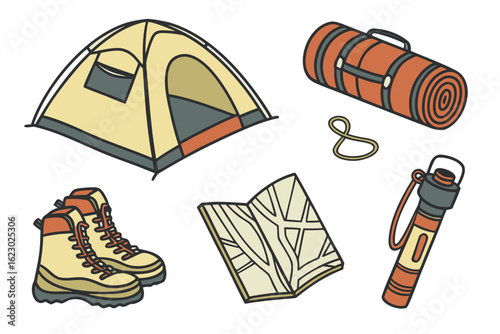 Camping gear set with tent, sleeping bag, boots, map, and flashlight