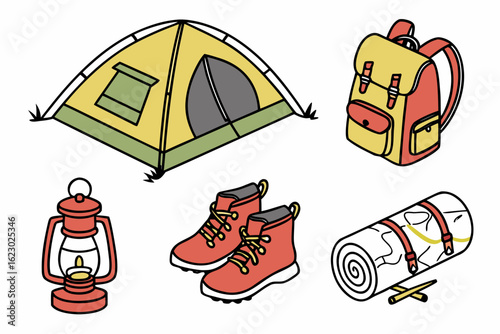 Camping and hiking gear set with tent, backpack, boots, lantern, and sleeping bag