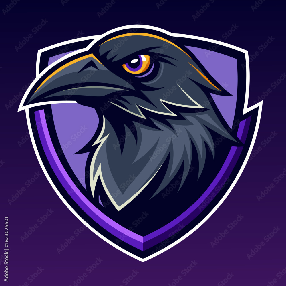 Fototapeta premium Raven Perched on Skull Crescent Moon Background Vector Logo Design
