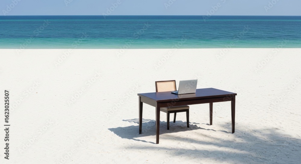 Fototapeta premium Minimalist office space on a white sand beach with a single desk and laptop