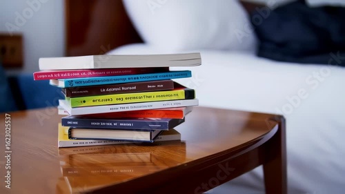 Slow Pan Across a Colorful Stack of Books on a Polished Wooden Bedside Table