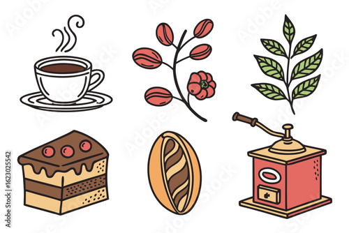 Collection of coffee related items including cup, beans, plant, cake, and grinder isolated on white background
