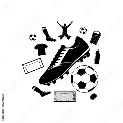 Black silhouette soccer equipment and celebrating player on white background football sport