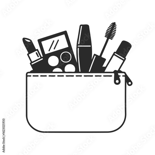 Black and white makeup bag icon with lipstick and mascara