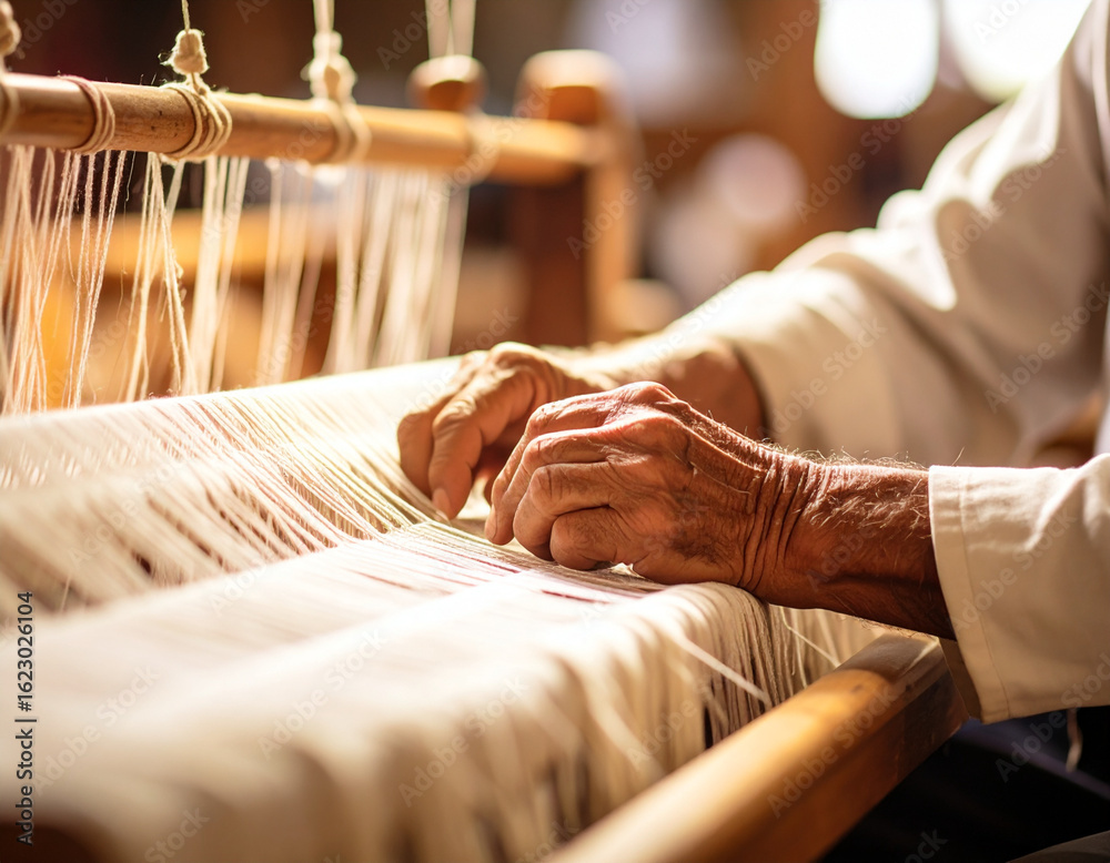 Obraz premium elderly hands are weaving cloth on traditional tools
