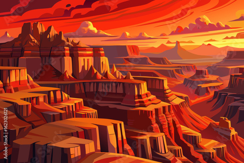 Grand Canyon landscape with vibrant red and orange cliffs glowing under a clear, sunlit sky. A breathtaking view of nature’s raw beauty and scale