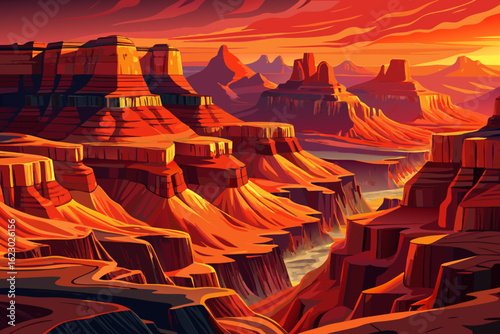 Grand Canyon landscape with vibrant red and orange cliffs glowing under a clear, sunlit sky. A breathtaking view of nature’s raw beauty and scale