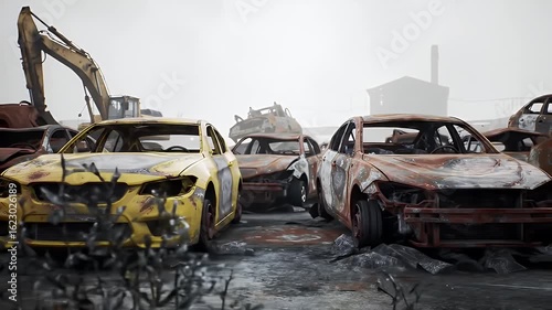 Rusted and Wrecked Cars Create a Powerful Image of Decay and Abandonment with Excavator on a Desaturated Color Palette