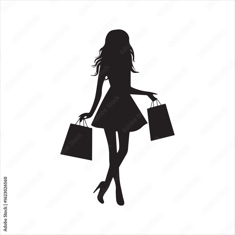 Fashionable woman silhouette holding shopping bags, stylish shopper in dress and heels.
Fashionable woman silhouette holding shopping bags, stylish shopper in dress and heels.