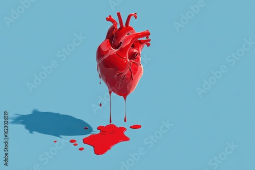 Melting red heart dripping with paint or blood on light blue background