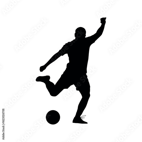 Black and white illustration of a soccer player kicking a ball football