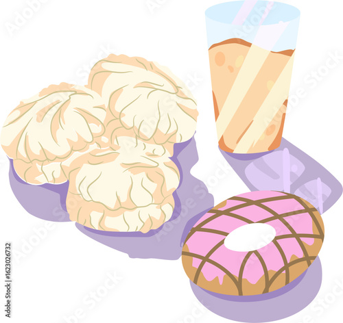 Donuts, marshmallows and a glass of sparkling water on the white background.