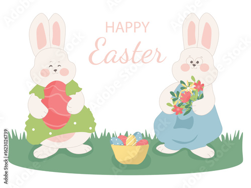 Two cute bunnies celebrating easter, holding a decorated egg and a bouquet of spring flowers, with a basket full of colorful eggs.