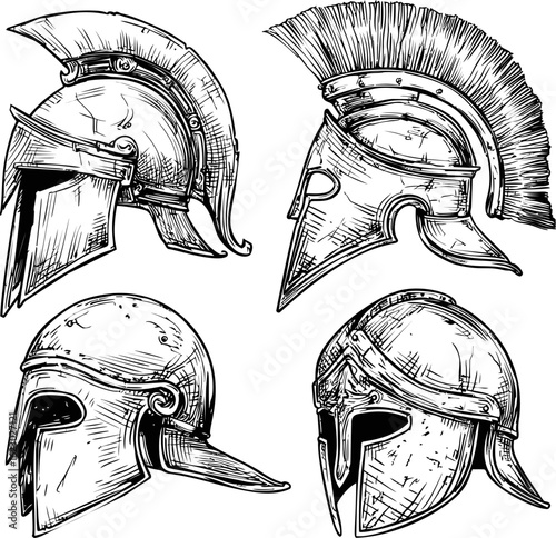 Illustration of ancient greek helmets with intricate designs in black and white. Vector illustration
