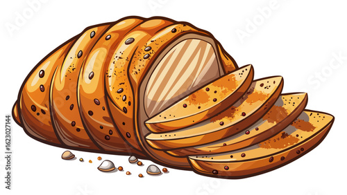 Partially sliced grilled chicken breast rests on a white background. Seasoned with black pepper and rock salt, its golden texture shines through delicate lines of semi-realistic vector illustration 