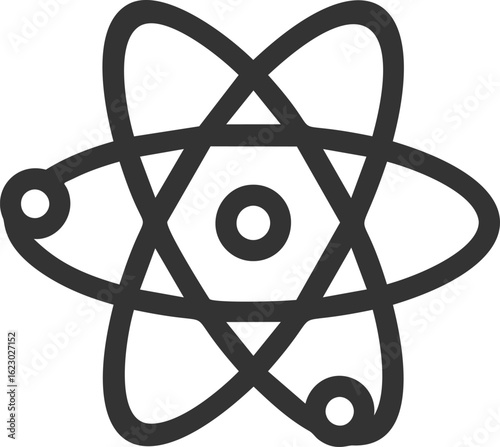 Black line drawing of an atom symbol, science icon. Vector illustration