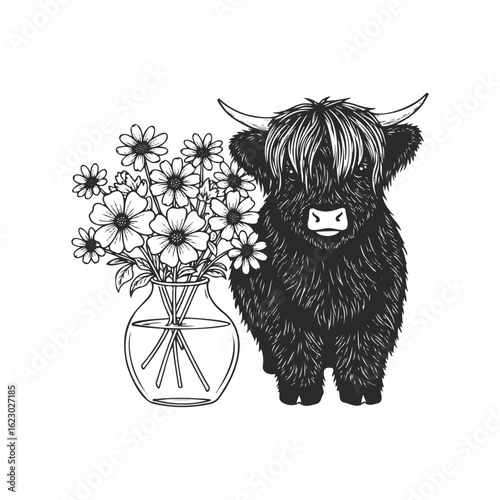 Highland cow and floral vase line art illustration