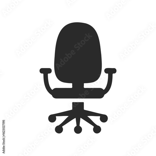 Ergonomic black office chair icon with armrests and caster wheels