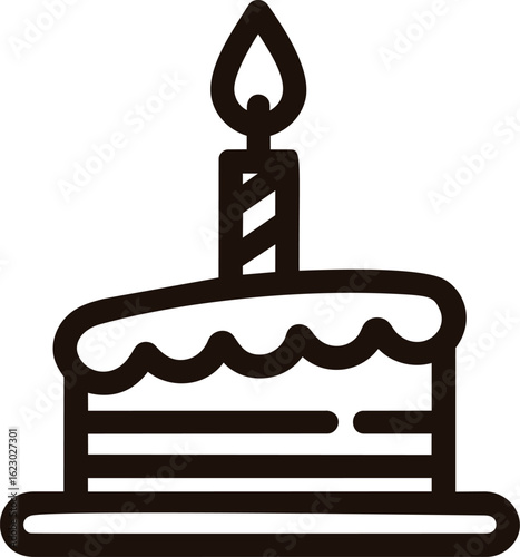 Simple black and white birthday cake icon with single candle illustration. Vector illustration