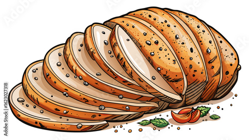 Partially sliced grilled chicken breast rests on a white background. Seasoned with black pepper and rock salt, its golden texture shines through delicate lines of semi-realistic vector illustration 