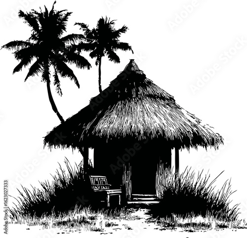 Tropical hut with palm trees in black and white illustration, peaceful setting. Vector illustration