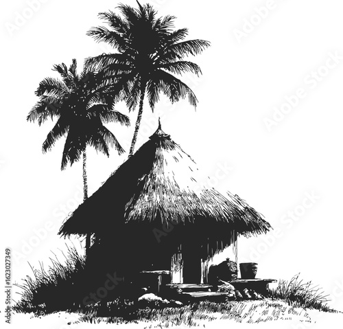 Traditional hut with palm trees in black and white illustration, tropical nature. Vector illustration