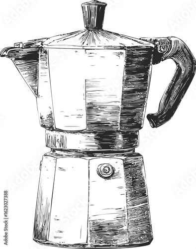 Black and white illustration of a moka pot with detailed sketch design. Vector illustration