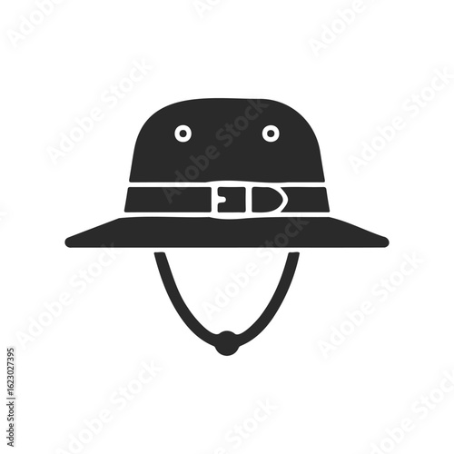 Black pith helmet icon with strap on white background