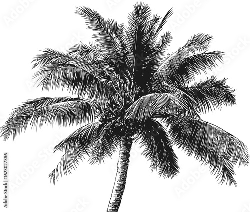 Black palm tree illustration with detailed leaves, ink drawing. Vector illustration